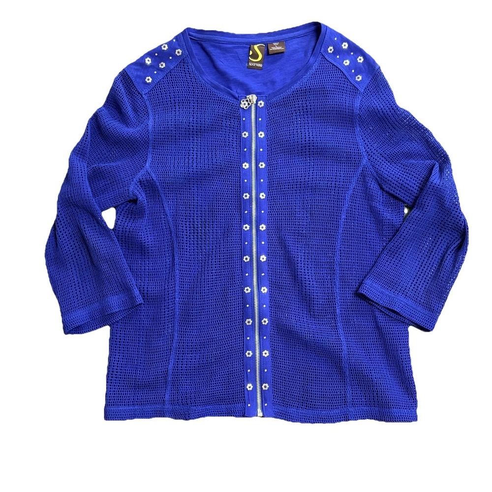 Womens Sz L Blue Full Front Zippered Open Knit Retro Jacket 100% Cotton